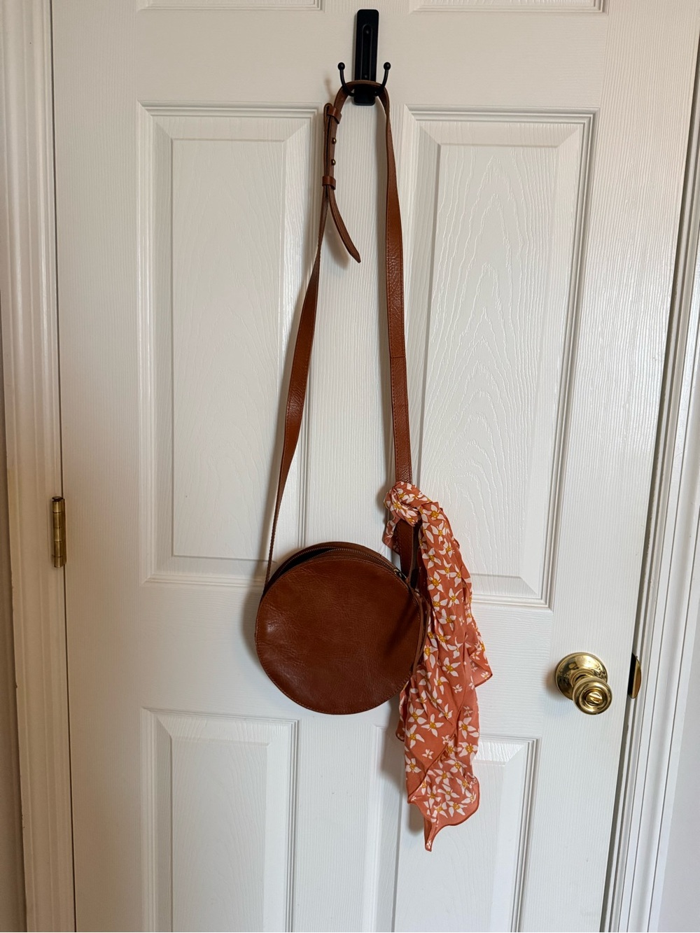 Madewell Tan Round Leather Crossbody with Floral Scarf Accent